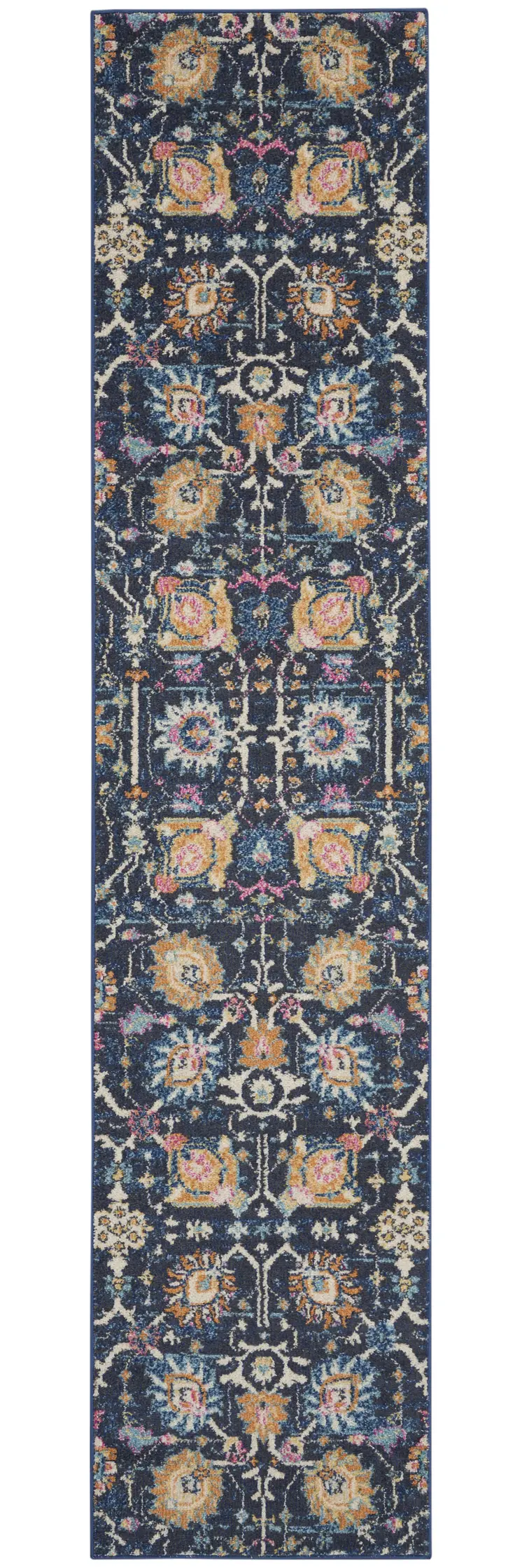 10' Navy Blue Yellow And Pink Floral Runner Rug