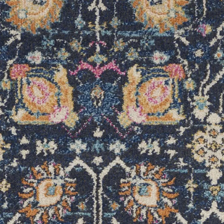 10' Navy Blue Yellow And Pink Floral Runner Rug