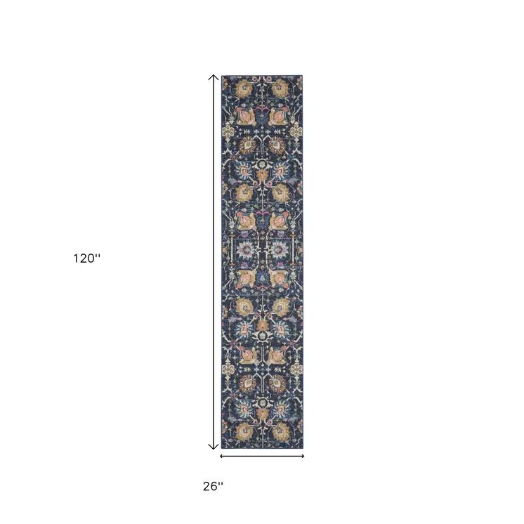 10' Navy Blue Yellow And Pink Floral Runner Rug