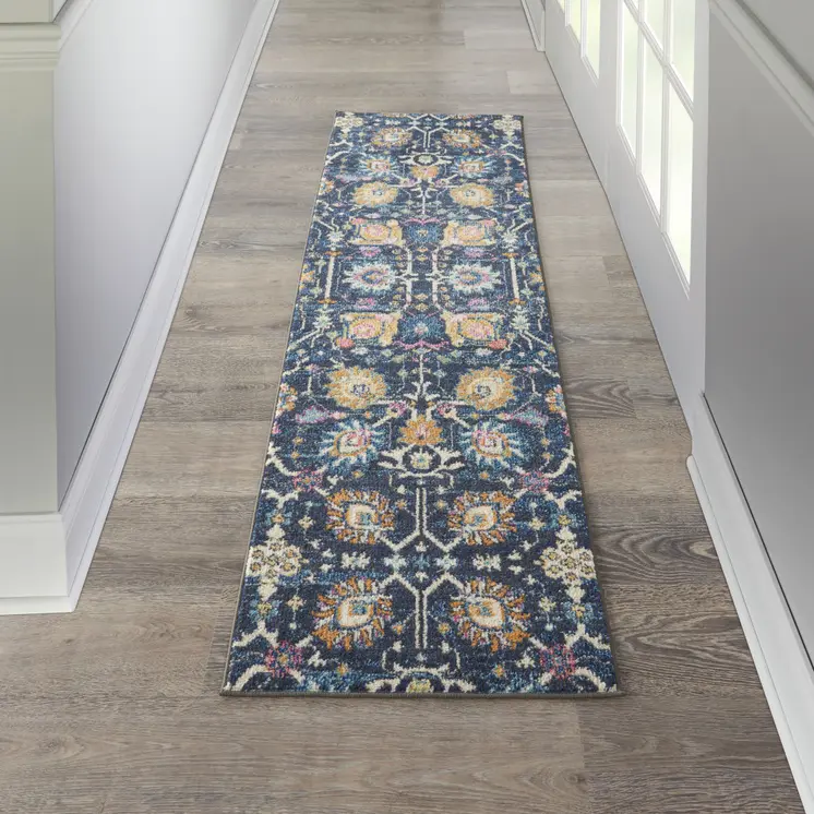 8' Navy Blue Yellow And Pink Floral Runner Rug