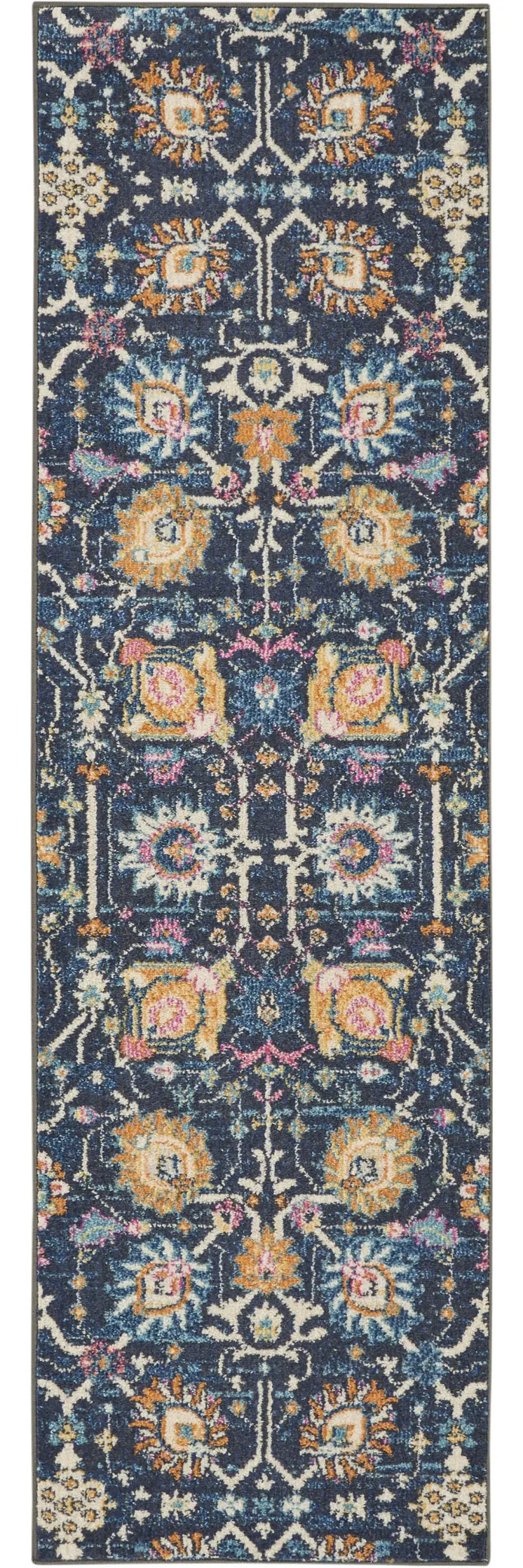 8' Navy Blue Yellow And Pink Floral Runner Rug