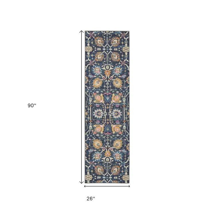 8' Navy Blue Yellow And Pink Floral Runner Rug