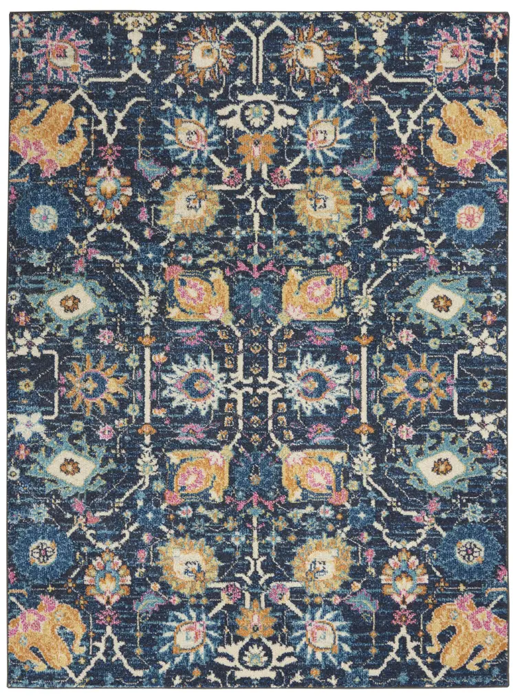 4' X 6' Navy Blue Yellow And Pink Floral Area Rug