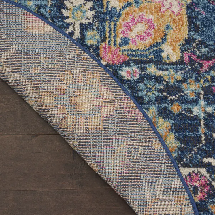 4' Navy Blue Yellow And Pink Floral Round Rug