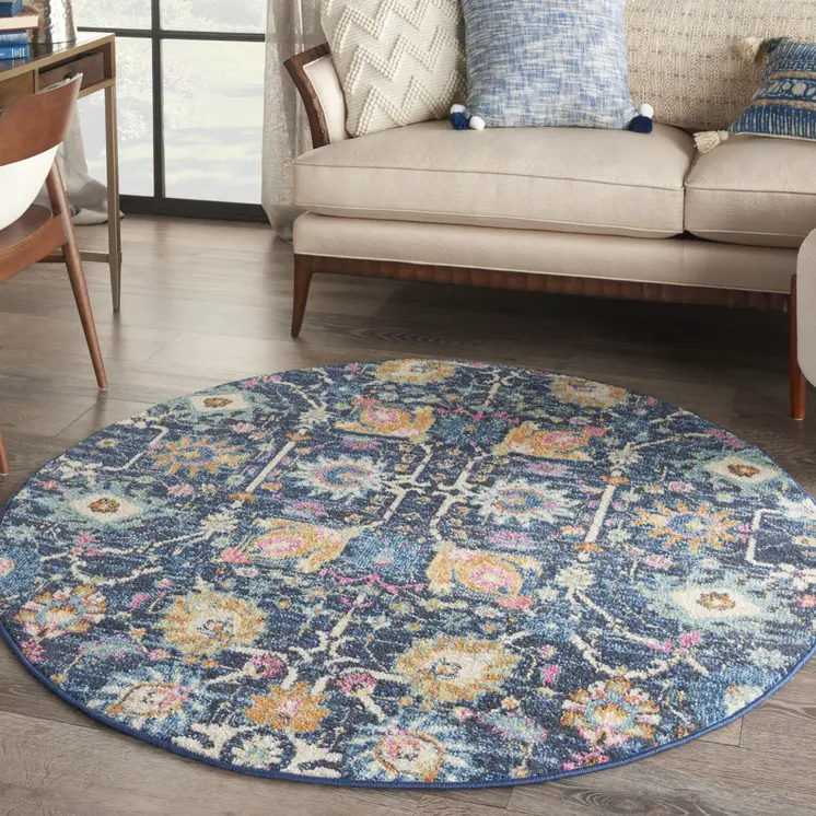 4' Navy Blue Yellow And Pink Floral Round Rug
