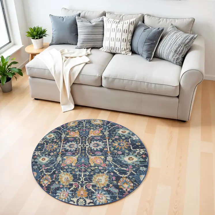 4' Navy Blue Yellow And Pink Floral Round Rug