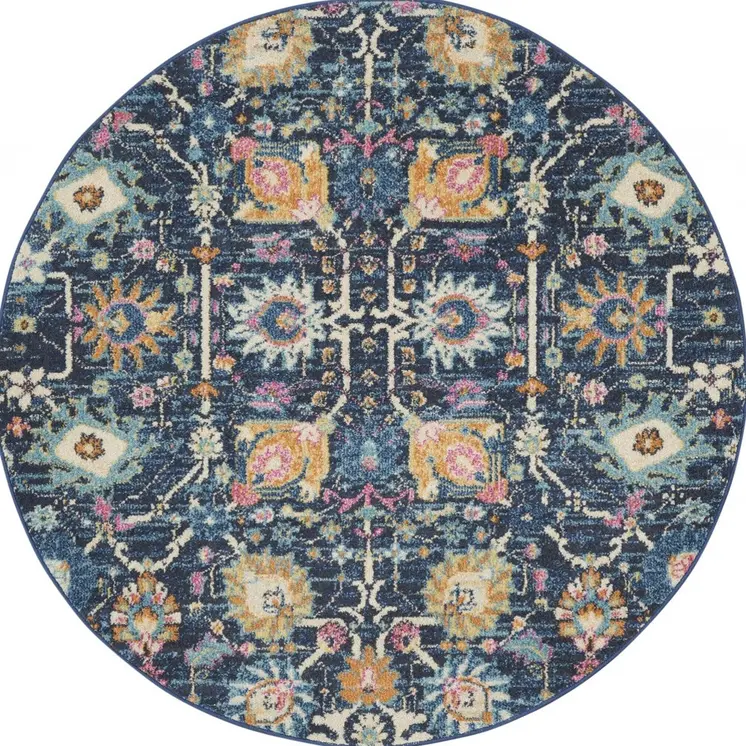 4' Navy Blue Yellow And Pink Floral Round Rug