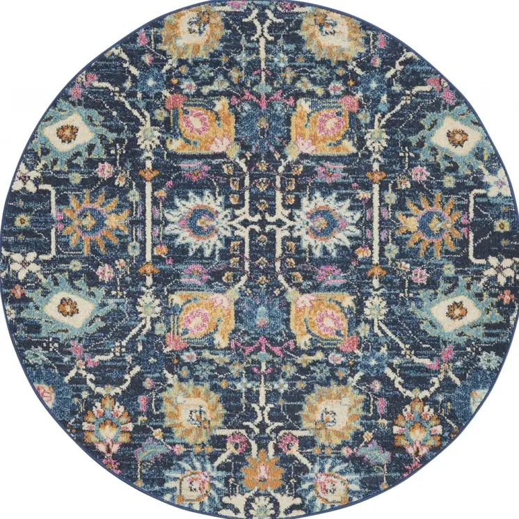 4' Navy Blue Yellow And Pink Floral Round Rug
