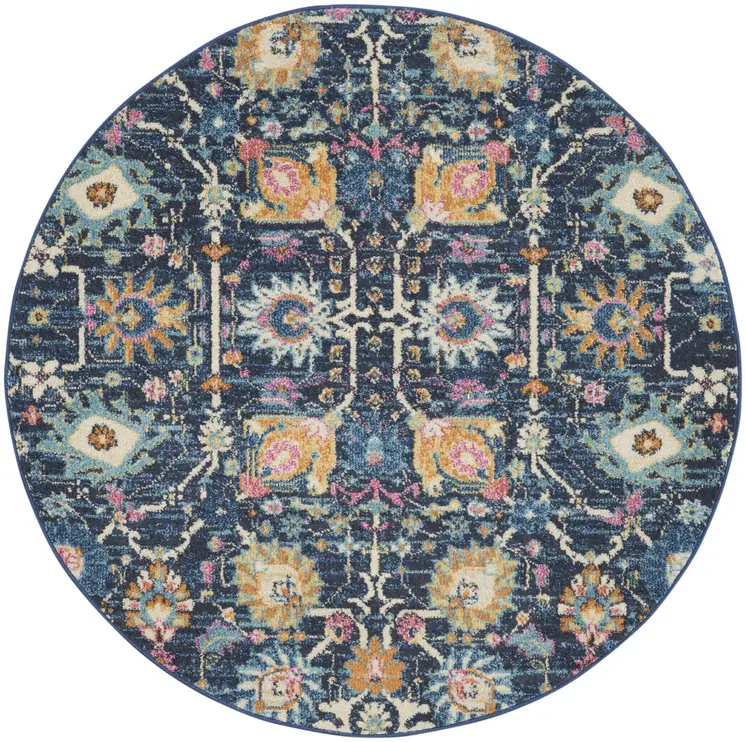 4' Navy Blue Yellow And Pink Floral Round Rug