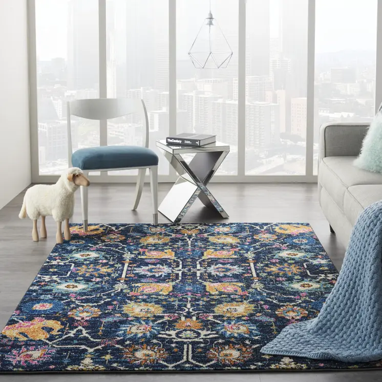 5' X 7' Navy Blue Yellow And Pink Floral Area Rug