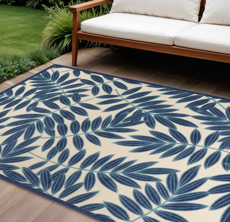 6' X 9' Blue And Ivory Floral Indoor Outdoor Area Rug