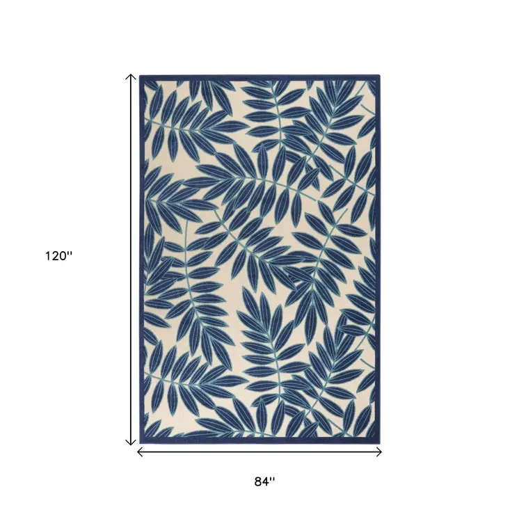 7' X 10' Blue And Ivory Floral Indoor Outdoor Area Rug