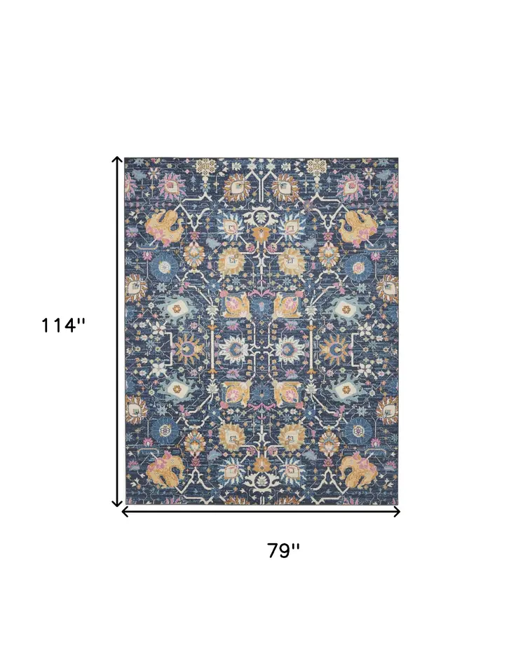 7' X 10' Navy Blue Yellow And Pink Floral Area Rug
