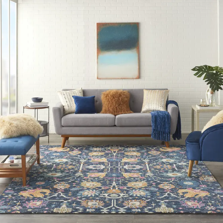 8' X 10' Navy Blue Yellow And Pink Floral Area Rug