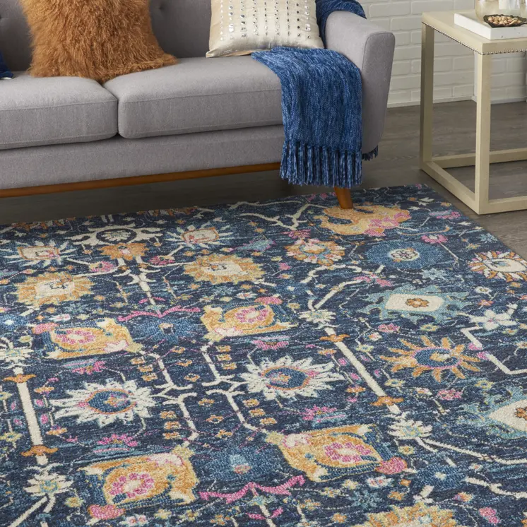 8' X 10' Navy Blue Yellow And Pink Floral Area Rug