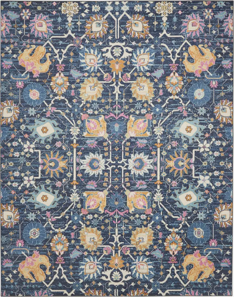 8' X 10' Navy Blue Yellow And Pink Floral Area Rug