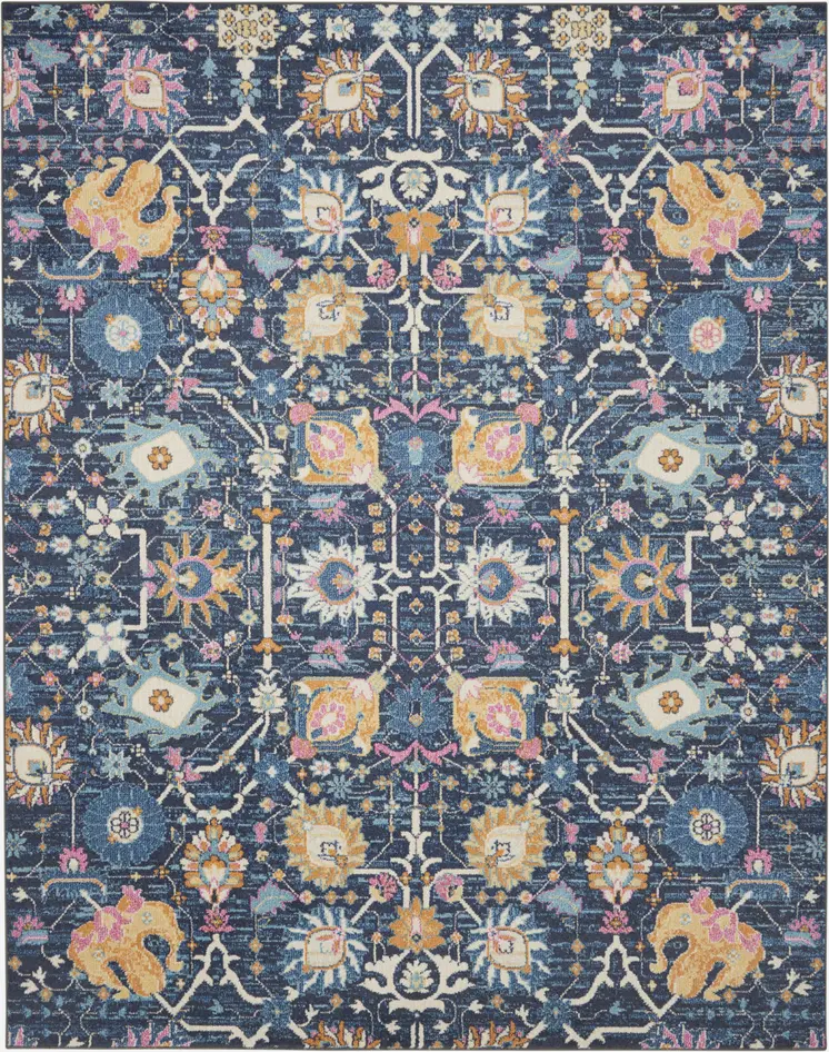 8' X 10' Navy Blue Yellow And Pink Floral Area Rug