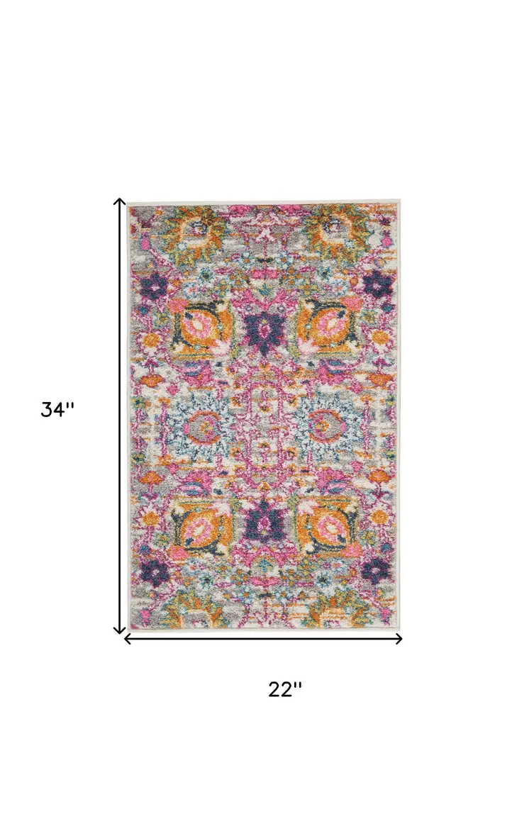 2' X 3' Silver Gray And Pink Floral Distressed Area Rug
