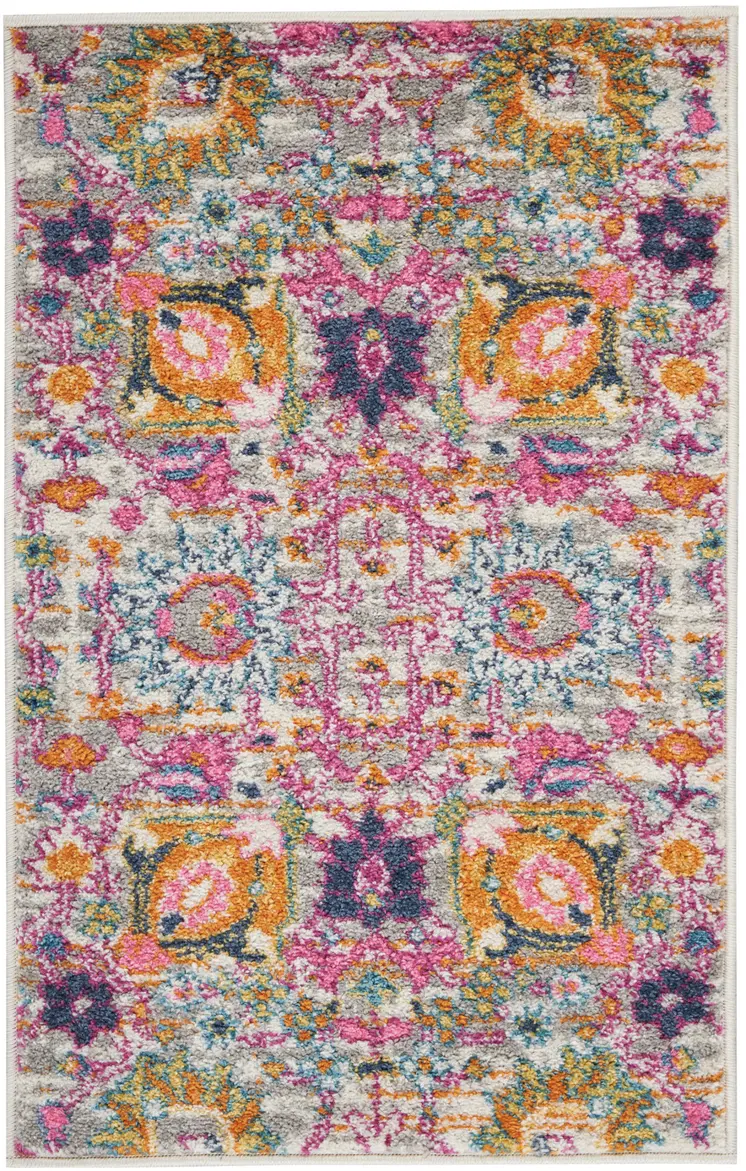 2' X 3' Silver Gray And Pink Floral Distressed Area Rug