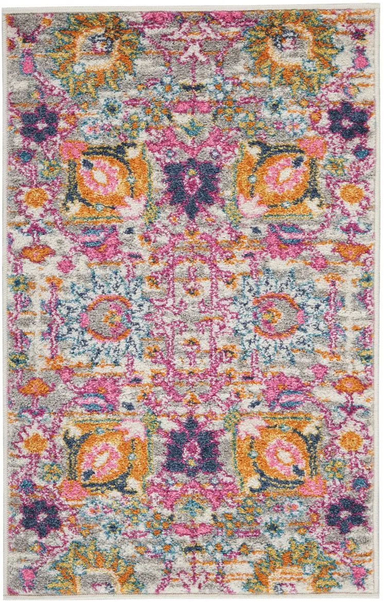 2' X 3' Silver Gray And Pink Floral Distressed Area Rug
