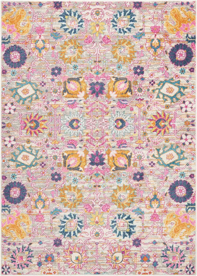 4' X 6' Silver Gray And Pink Floral Distressed Area Rug