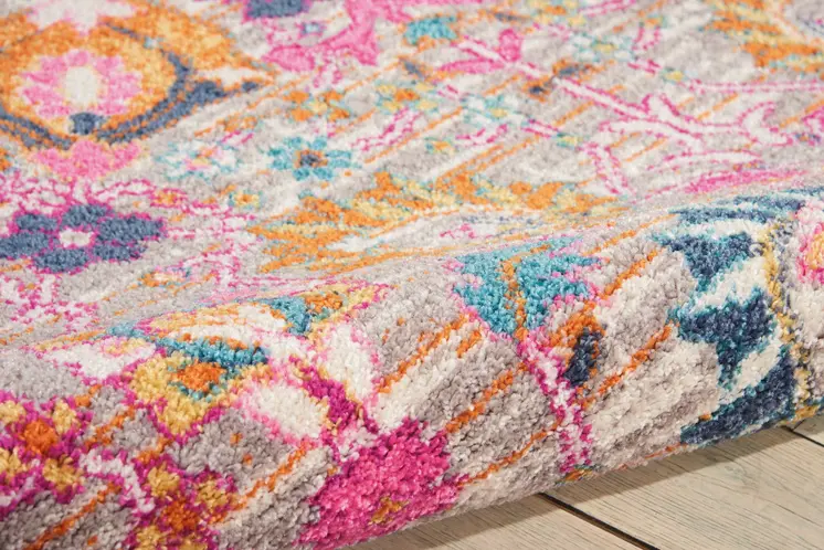 7' X 10' Silver Gray And Pink Floral Distressed Area Rug