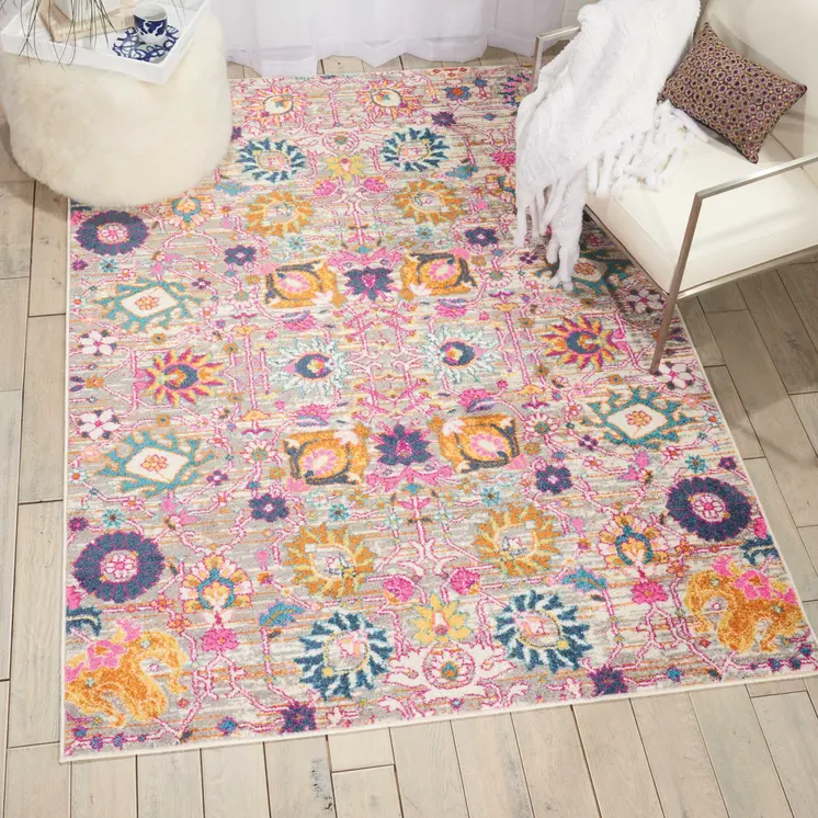 7' X 10' Silver Gray And Pink Floral Distressed Area Rug
