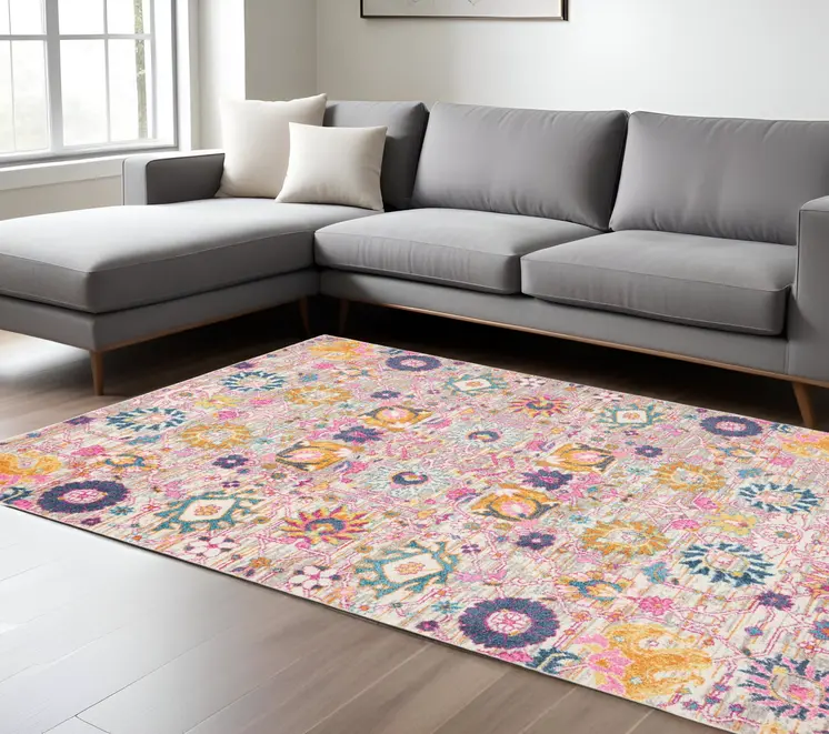 7' X 10' Silver Gray And Pink Floral Distressed Area Rug