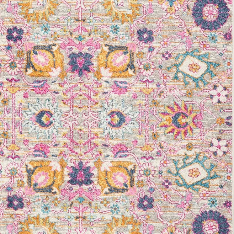 7' X 10' Silver Gray And Pink Floral Distressed Area Rug