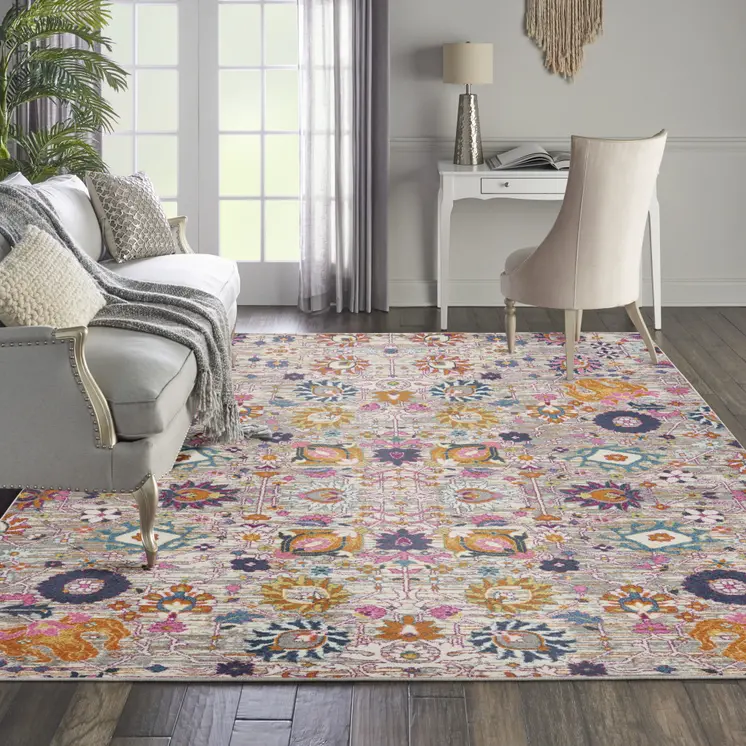 8' X 10' Silver Gray And Pink Floral Distressed Area Rug