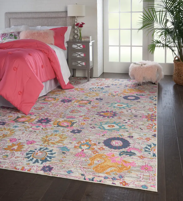 8' X 10' Silver Gray And Pink Floral Distressed Area Rug
