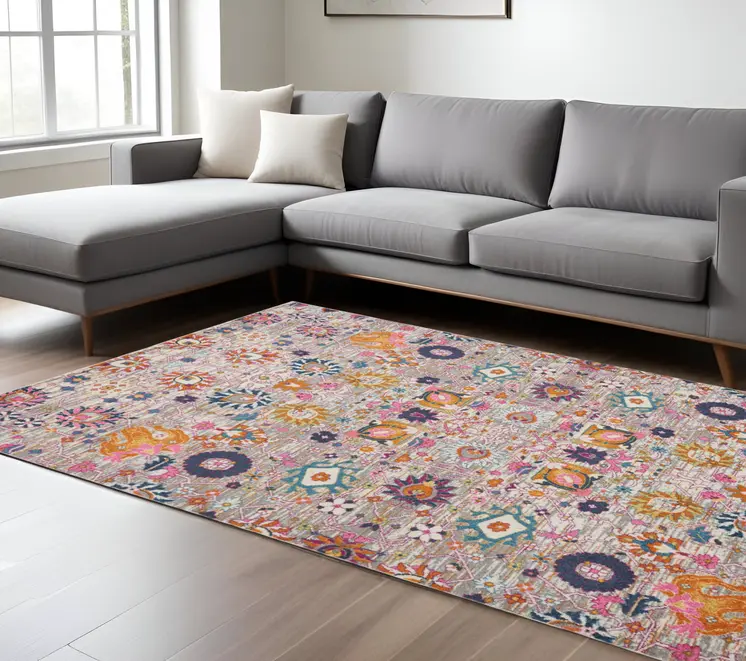 8' X 10' Silver Gray And Pink Floral Distressed Area Rug