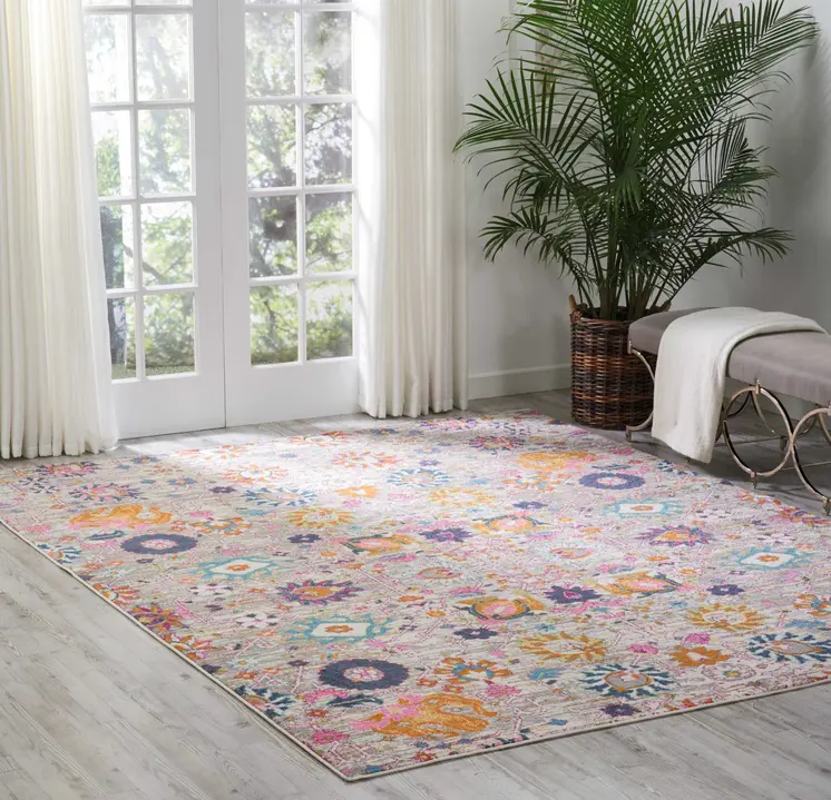 8' X 10' Silver Gray And Pink Floral Distressed Area Rug