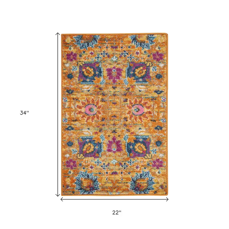2' X 3' Blue And Orange Floral Distressed Area Rug