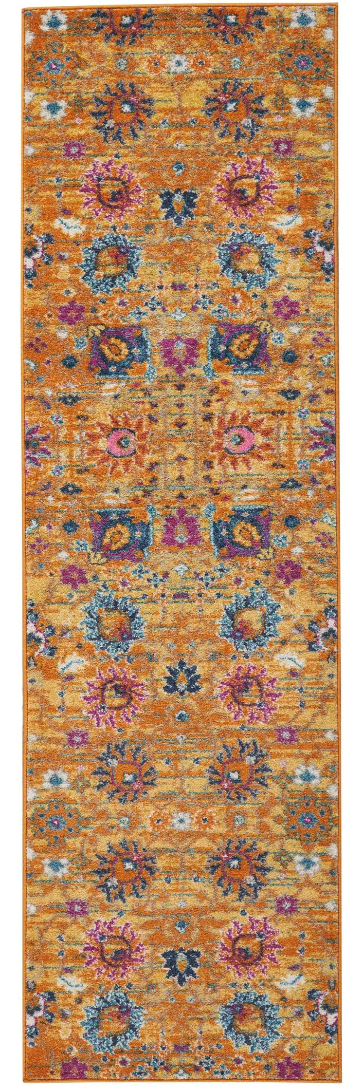 8' Blue And Orange Floral Distressed Runner Rug