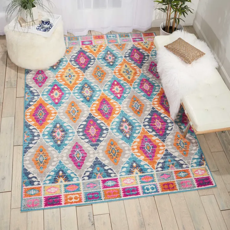 4' X 6' Gray Blue And Orange Ogee Distressed Area Rug