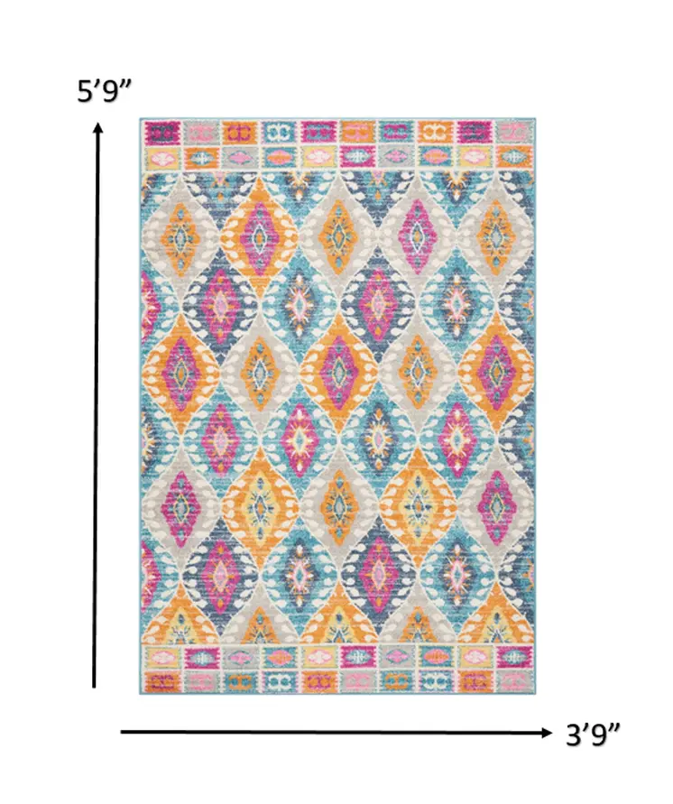4' X 6' Gray Blue And Orange Ogee Distressed Area Rug