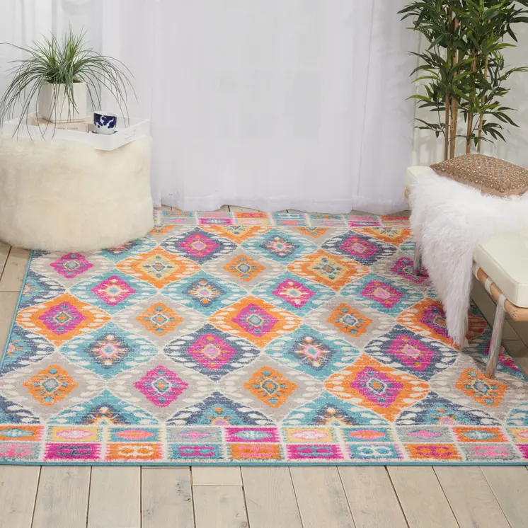 5' X 7' Gray Blue And Orange Ogee Distressed Area Rug