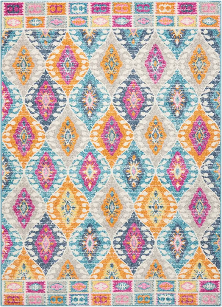 5' X 7' Gray Blue And Orange Ogee Distressed Area Rug