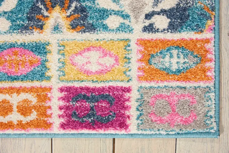 5' X 7' Gray Blue And Orange Ogee Distressed Area Rug