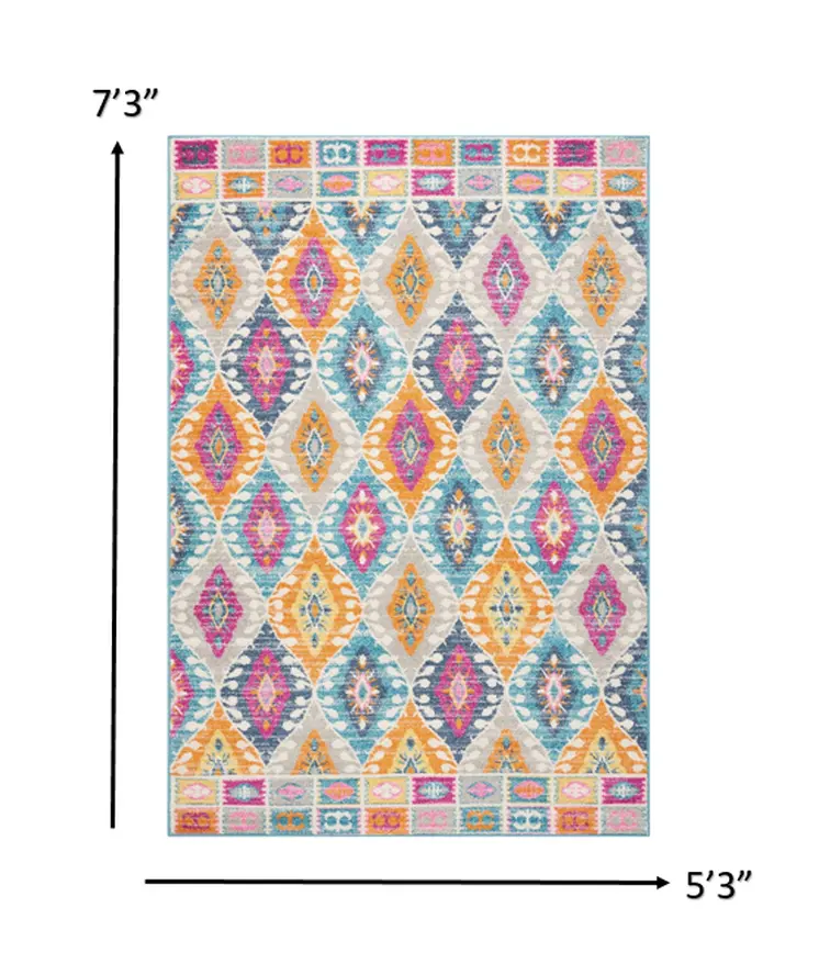 5' X 7' Gray Blue And Orange Ogee Distressed Area Rug
