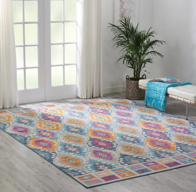 8' X 10' Gray Blue And Orange Ogee Distressed Area Rug