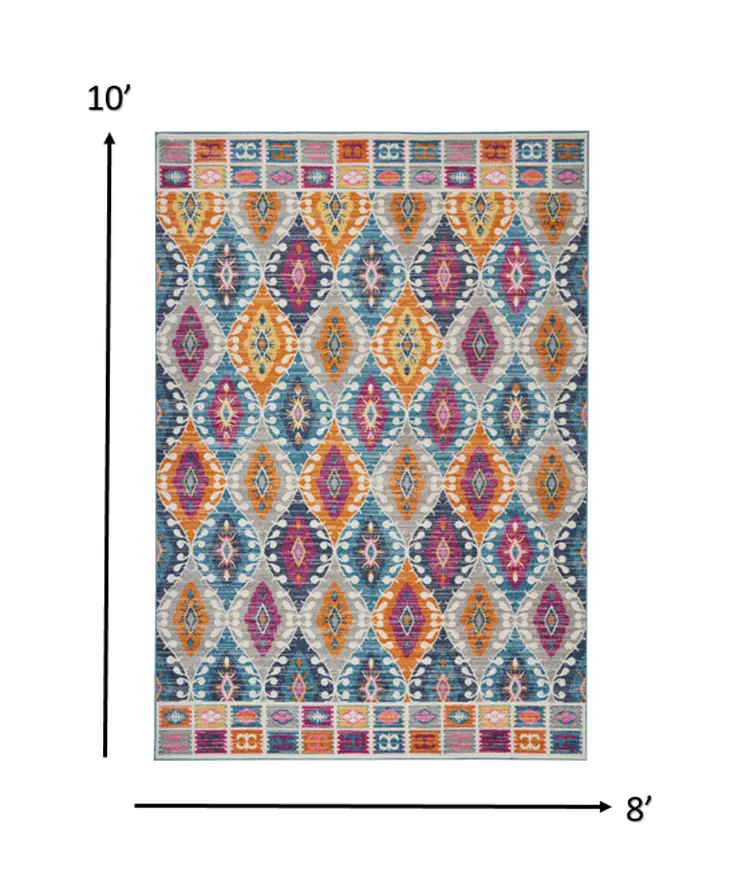 8' X 10' Gray Blue And Orange Ogee Distressed Area Rug