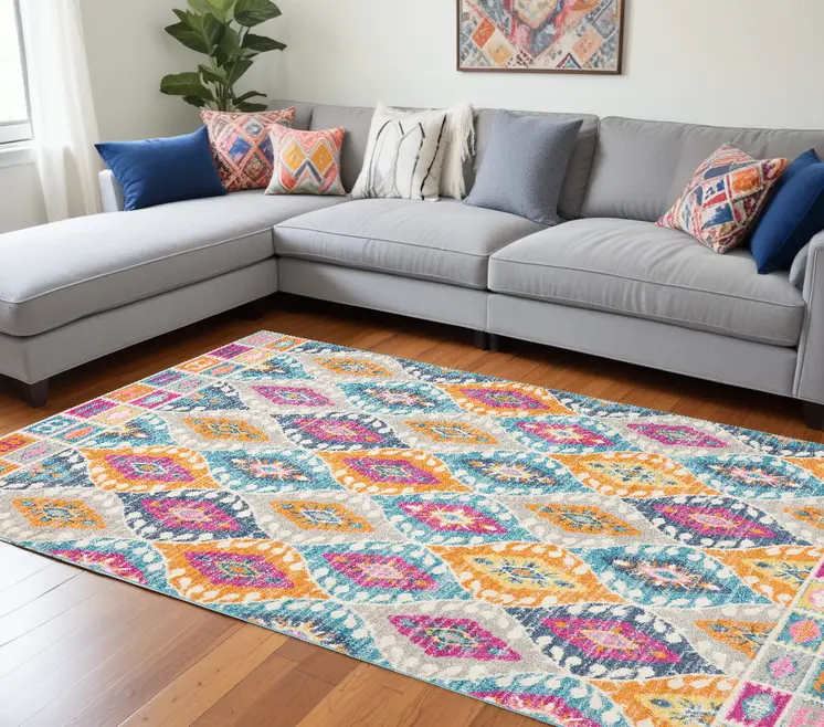 8' X 10' Gray Blue And Orange Ogee Distressed Area Rug