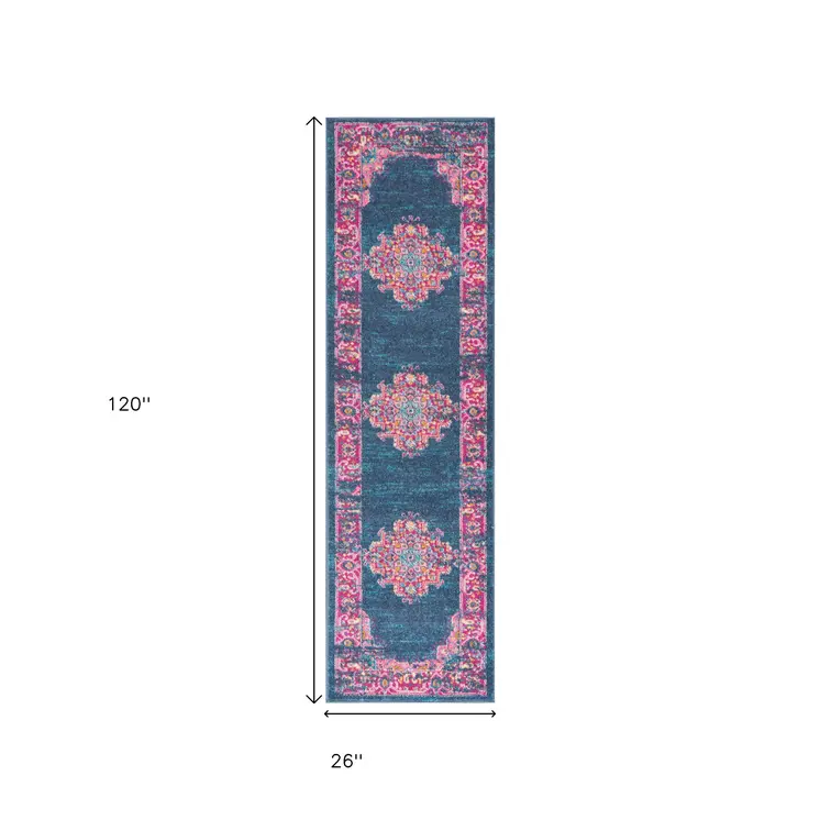 10' Blue And Pink Medallion Distressed Runner Rug