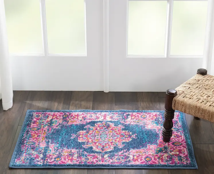 2' X 3' Blue And Pink Medallion Distressed Area Rug