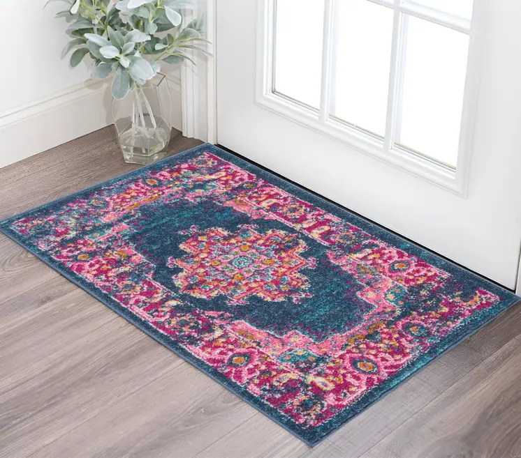 2' X 3' Blue And Pink Medallion Distressed Area Rug