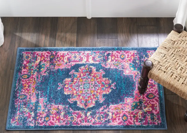 2' X 3' Blue And Pink Medallion Distressed Area Rug
