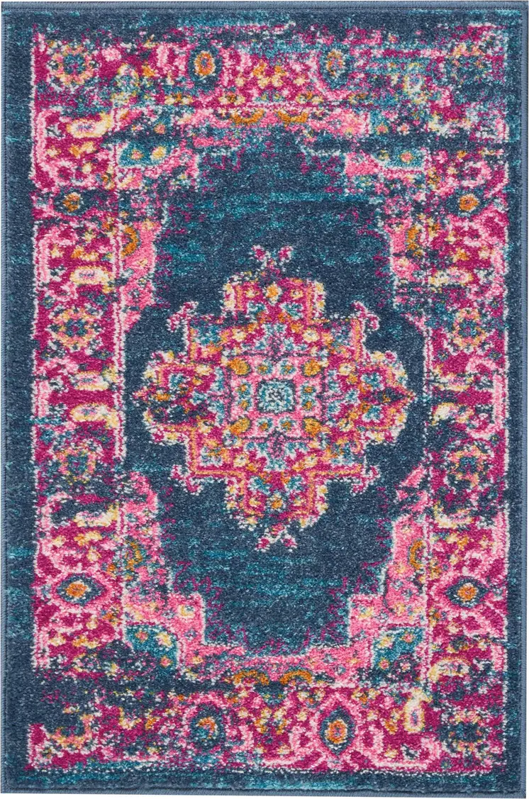 2' X 3' Blue And Pink Medallion Distressed Area Rug