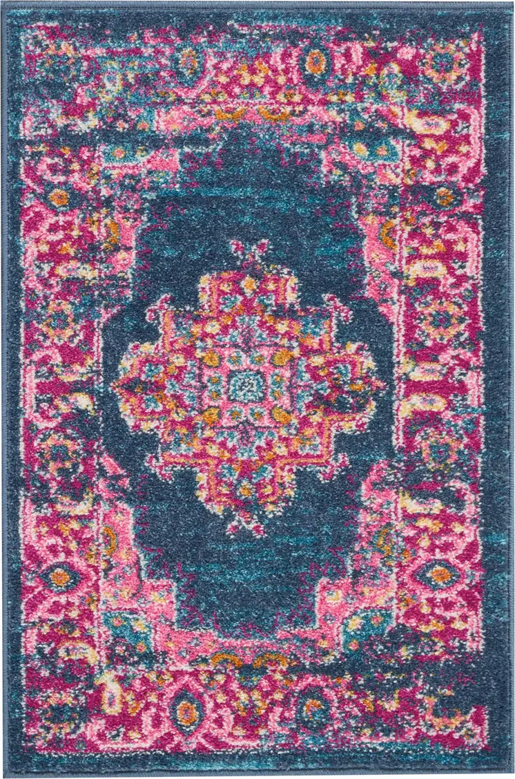 2' X 3' Blue And Pink Medallion Distressed Area Rug